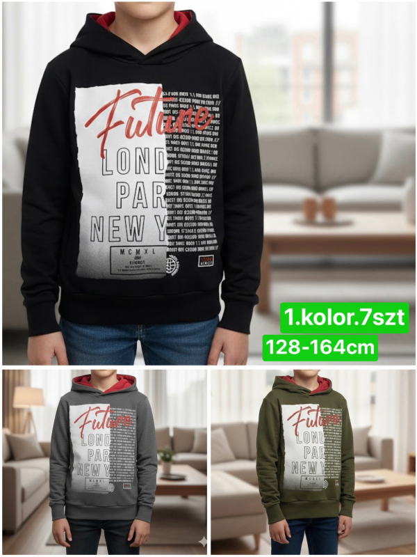 Bluzy chłopięce Roz 128-164, 1 kolor Paczka 5 szt